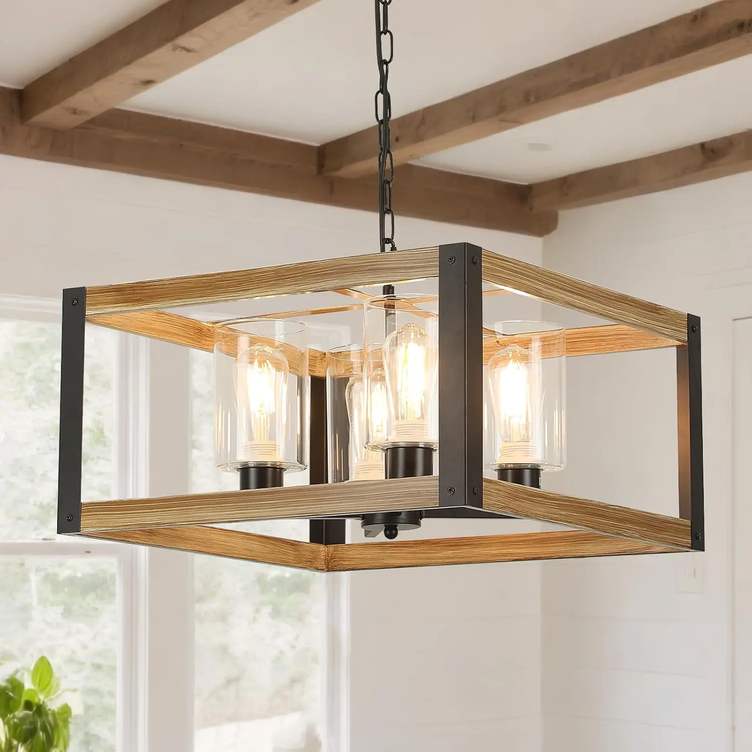Farmhouse Square Frame Pendant Light Fixture - 20" Rustic Iron & Wood 4-Light, 60W Line Voltage AC Power Decorative Lamp for Indoor Dining Room, Kitchen Island