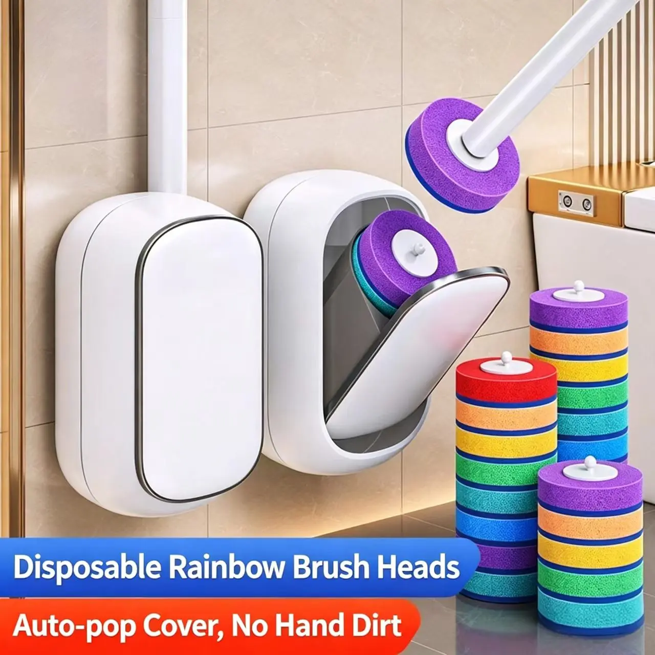 New Upgrade Wall-Mounted Toilet Brush System Kit with Disposable Self-Cleaning Pads, Wand, Organiser - No Pre-Rinse, No Mess, No Odors - Simplifies Bathroom Hygiene, Suitable for Toilet, Sink, Bathtub Drain