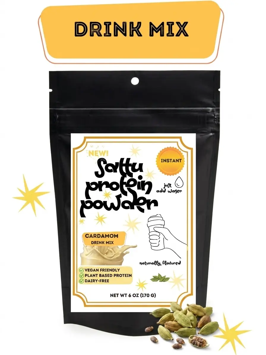 Sattu Protein Powder Drink Mix Dairy Free Gluten Free Sweet Protein with Cardamom Flavor Finely Blended Shelf Stable No Refrigeration Necessary Mix with Water or Plant Based Milk Vegan Foritified Meal Supplement Camping Workout