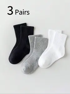 3 Pairs Kids Plain Ankle Crew Socks, Korean Style Casual Fitted Socks for Boys & Girls Ages 1-12, All Season Sports Basketball Socks
