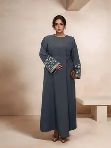 Women's Ethnic Pattern Floral Embroidery Long Sleeve Dress, Casual Round Neck Zipper Dress for Daily Wear, Ladies Islamic Clothing for All Seasons, Classy Modest Dresses, Muslim Outfits