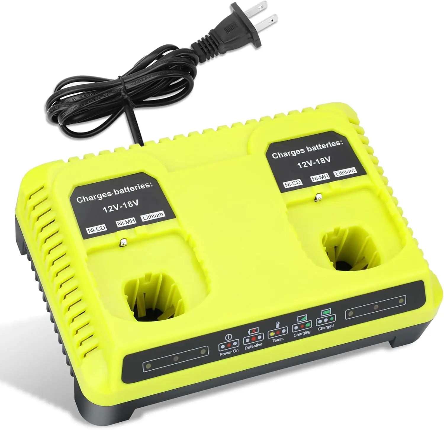 8A Dual Bay Fast Charging Station For Ryobi 18V ONE+ Lithium Battery, Simultaneous Dual Charger Replacement P117 P118, 12V-18V ONE+ Multi Battery Dock, Compact Safe Charger For Workshop Construction Job Sites NiMH Lithium