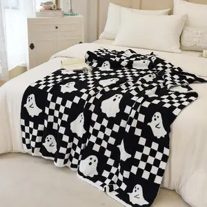 Ultra Soft Ghost Throw Blanket – Cozy Checkered Halloween Knit – Fluffy Microfiber Lightweight Blanket for Couch, Bed & Sofa Decor