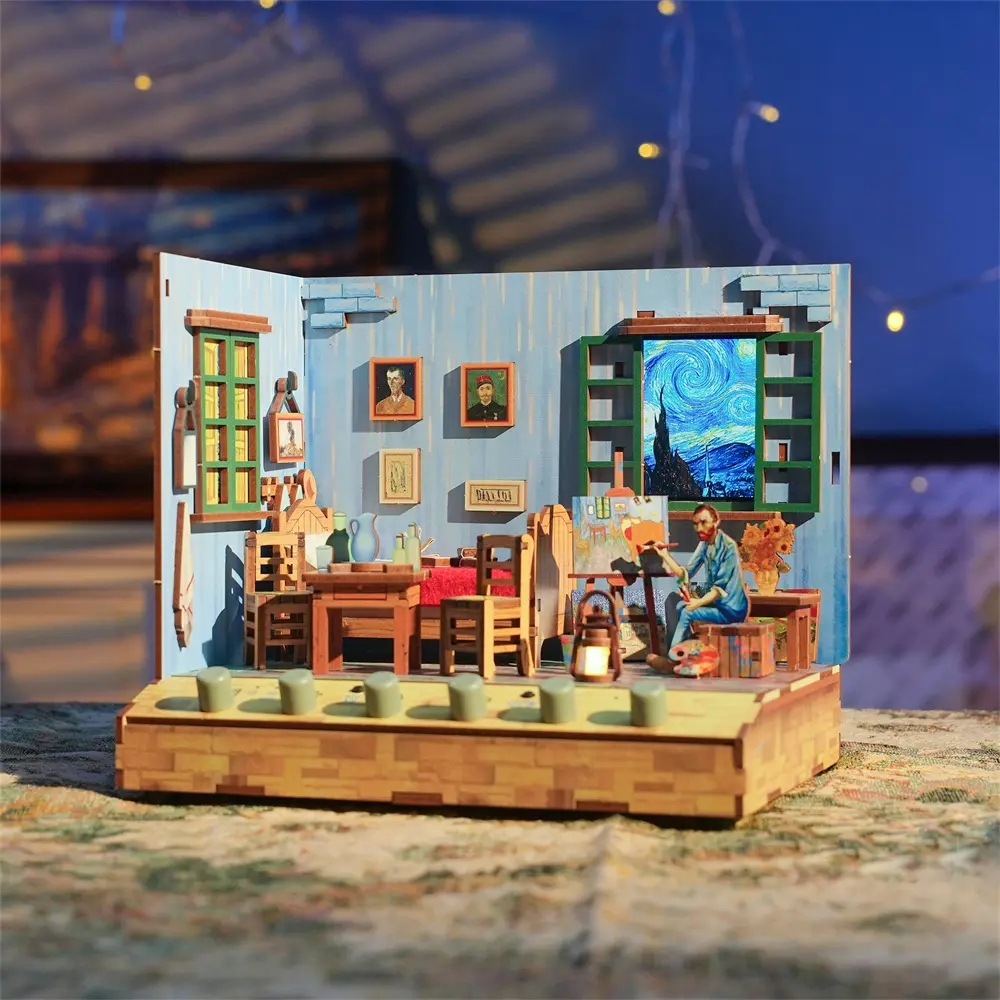 Tonecheer DIY Miniature House Kit, Wooden Dollhouse Kit with White Noise,Tiny Diorama House Building Set with Electronic Screen Craft Kits Make Creative Idea Gifts for Aduls (Vincent's Bedroom) Playhouse