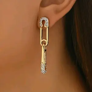 Elegant Simple Safety Pin Rhinestone Earrings - Gold-Tone Fashion Jewelry with Sparkling Rhinestones