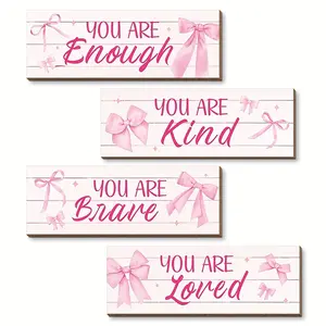 4pcs Pink Bow Wooden Wall Art - Positive Encouraging Quote Decorative Plaques for Bedroom, Living Room, Office & Bathroom - Charming Country Cottage Home Decor
