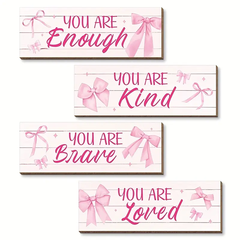 4pcs Pink Bow Artistic Wooden Wall Art - Aesthetic Wall Decor Rectangle Design Positive Encouraging Quote Decorative Artwork Plaques Decoration Items for Bedroom, Living Room, Office & Bathroom - Charming Country Cottage Home Decor