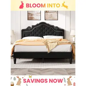Full/QueenSize Bed Frame With Adjustable Headboard/Velvet Upholstered/Diamond Button Tufted And Metal Studs/No Box Spring Needed/Wood Slat Support/Easy Assembly, Black