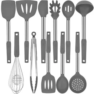Silicone Kitchen Cooking Utensils Set with Stainless Steel Handle, Includes Spatula, Nonstick Cookware Tools for Easy Use Plastic, Scoop, Spoon, Reusable.