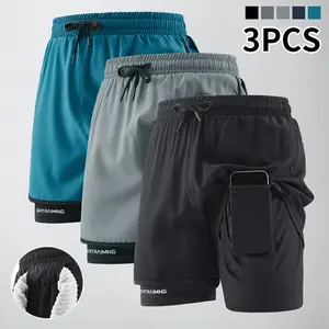 Men’s 3-piece sports shorts set featuring side pockets, elastic waistband, lightweight stretch fabric—ideal for running and casual wear; compression shorts, running shorts, comfortable fit