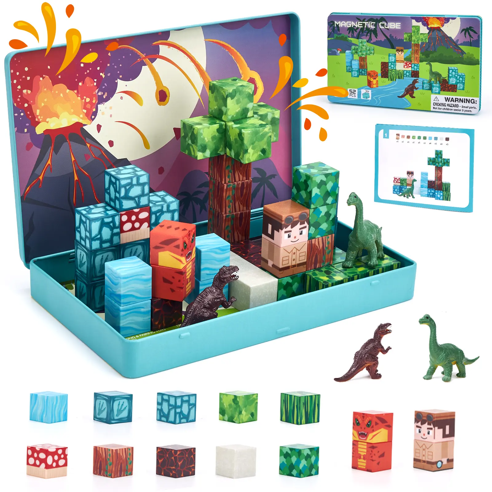hahaland 52 PCS Mini Dinosaur Magnetic Blocks with Magnetic Case. Magnet Building Cubes Dinosaur Toys for Kids 3+ Toddler Travel Toys Airplane Essentials, Stem Toys 3-5 Year Old Boys Gifts Collectible Construction Set