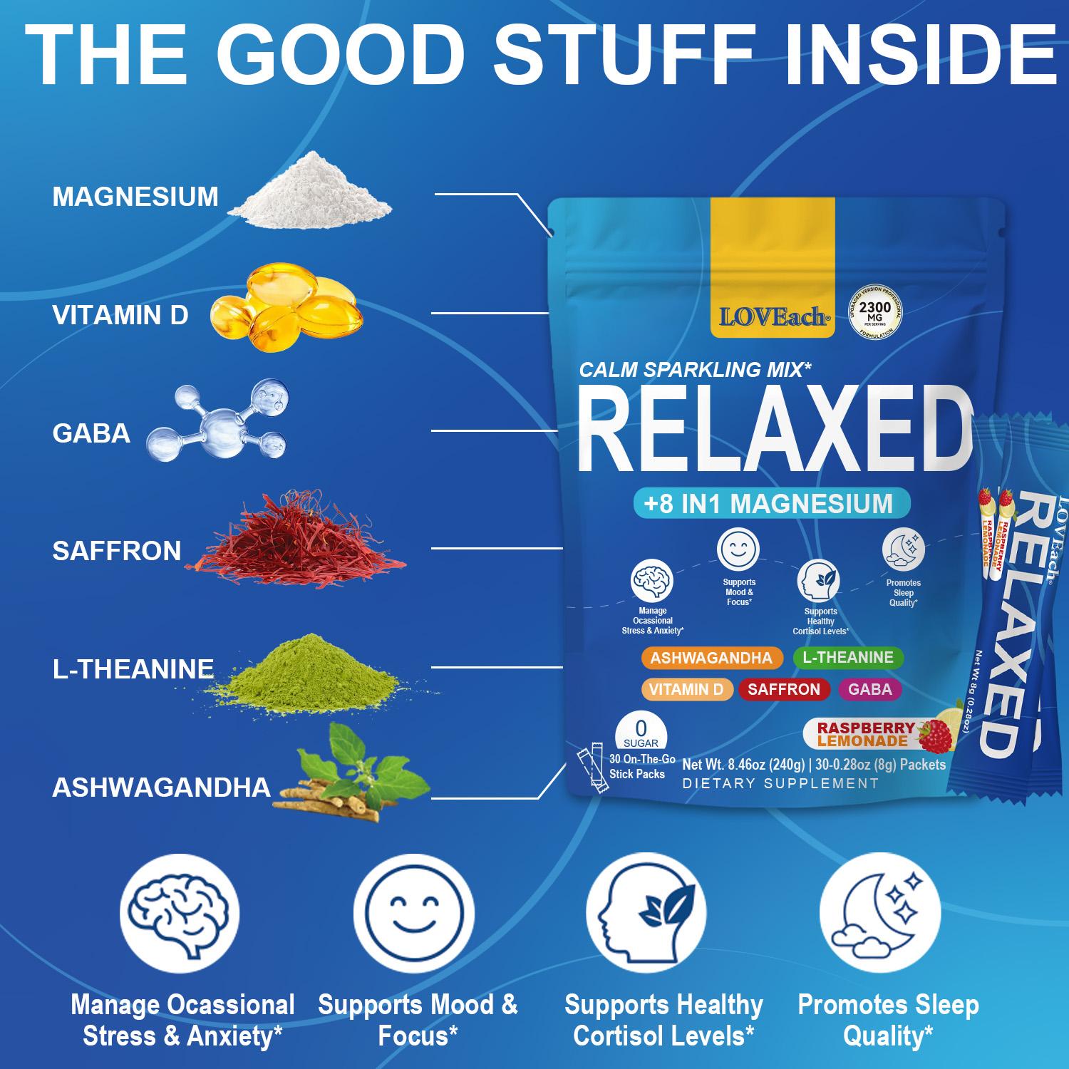 MagicRelaxed Calming Sparking Mix with 8-in-1 Magnesium complex KSM-66 Ashwagandha Saffron Vitamin D3 GABA & L-Theanine Supports Cortisol Balance Mood Sleep 30 Servings No Sugar Non GMO Raspberry Lemonade Flavor Free gift mixing spoon, Dietary, Natural, E