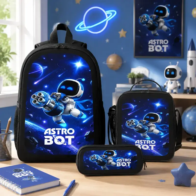 Casual Astro Bot Outdoor Backpack 3pc Set Laptop Daypack Print Travel Backpack School Work Camping Travel Bag Aesthetic Lightweight Backpack TikTok Viral Back To School Gift Birthday Gift Travel Essentials Student