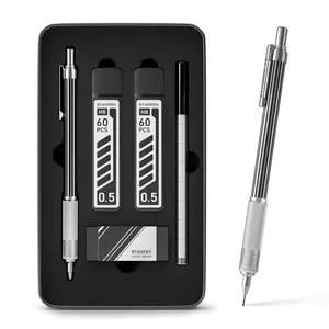 StaGeek 0.5mm Mechanical Pencil with Metal Gift Case, 1PCs Metal STAGEEK Mechanical Pencil with 120PCS HB Lead Refills,4B Erasers and 9PCS Eraser Refills, for Writing Drafting Drawing and Sketching(Silver,Gold)