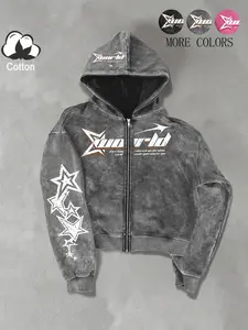 Unisex Street Style Streetwear Zip Fitted Hoodie Jacket, Spring & Fall Thin Cotton Sweatshirt, Xworld Logo Star Pattern, Y2K Campus Hip Hop Fashion