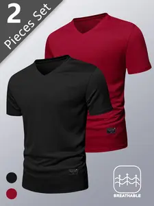 Men's Solid V Neck Tee, Regular Fit Casual Streetwear Short Sleeve T-shirt for Summer, Men's Top for Daily Wear