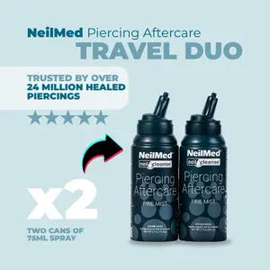 NeilMed Piercing Spray -Duo Travel Bundle Two 75mL Fine Mist Cans- Sterile Saline Solution for Safe Natural Healing of Irritated Piercings No Irritation No Stinging Healthcare Therapeutic Healthy