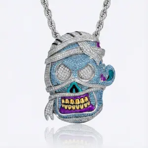 Iced Out Mummy Zombie Face Large Pendant | Blue Stones Purple Enamel Grillz Charm with 4mm Rope Chain | 14K Gold Silver Rose Gold Plated | Dark Aesthetic Jewelry For American Men | Exaggerated Hip Hop Halloween Accessory