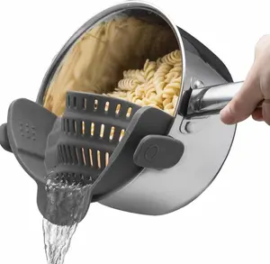 Silicone Pasta Strainer Clip-On for Pots and Pans - Heat Resistant Colander for Vegetables and Noodles - Kitchen Gadgets for Cooking - Space-Saving Design - Gray Kitchenware Stainless Steel