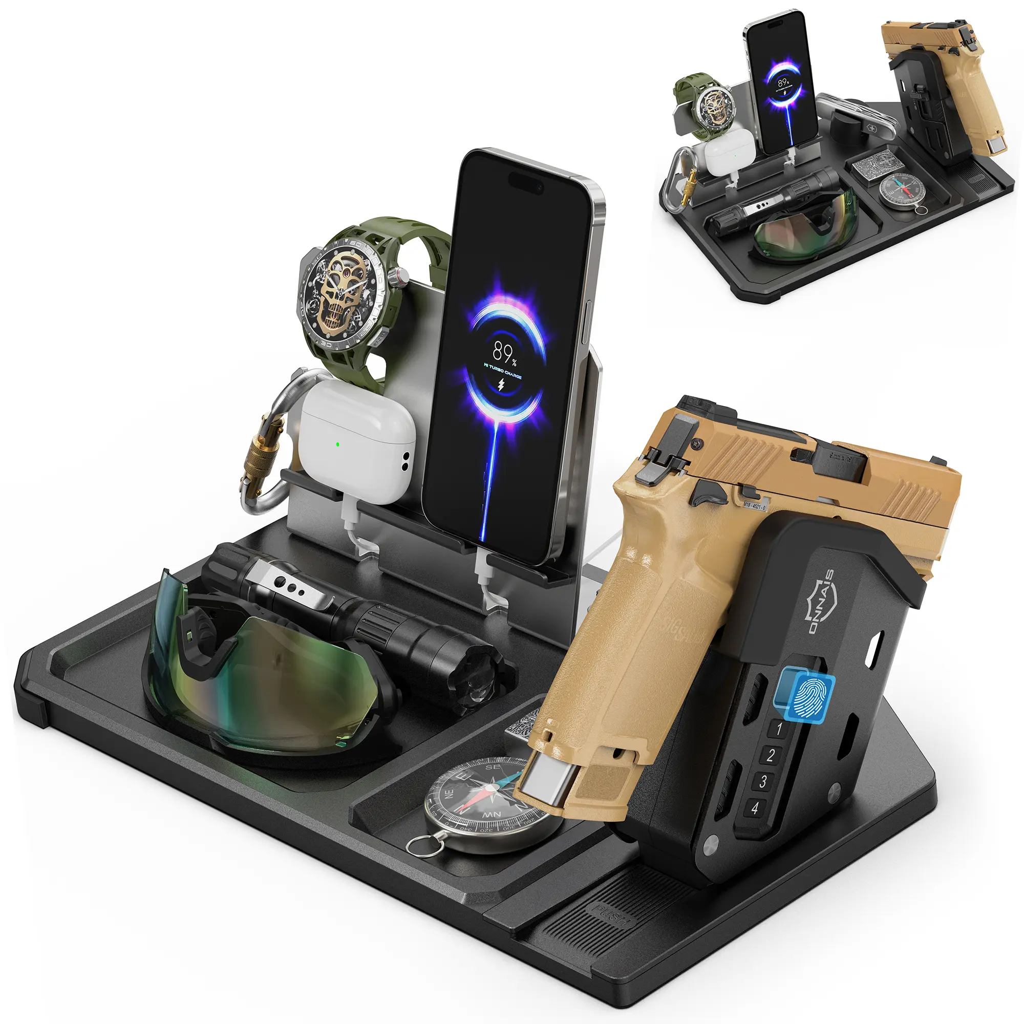 Tactical EDC Nightstand Organizer with Biometric Unlock - Tech Organizer, Desk Tidy, Office Supply Holder, Key Keeper, Gifts for Him, Mens Gifts for Supplies Storage-Father's Day Gift