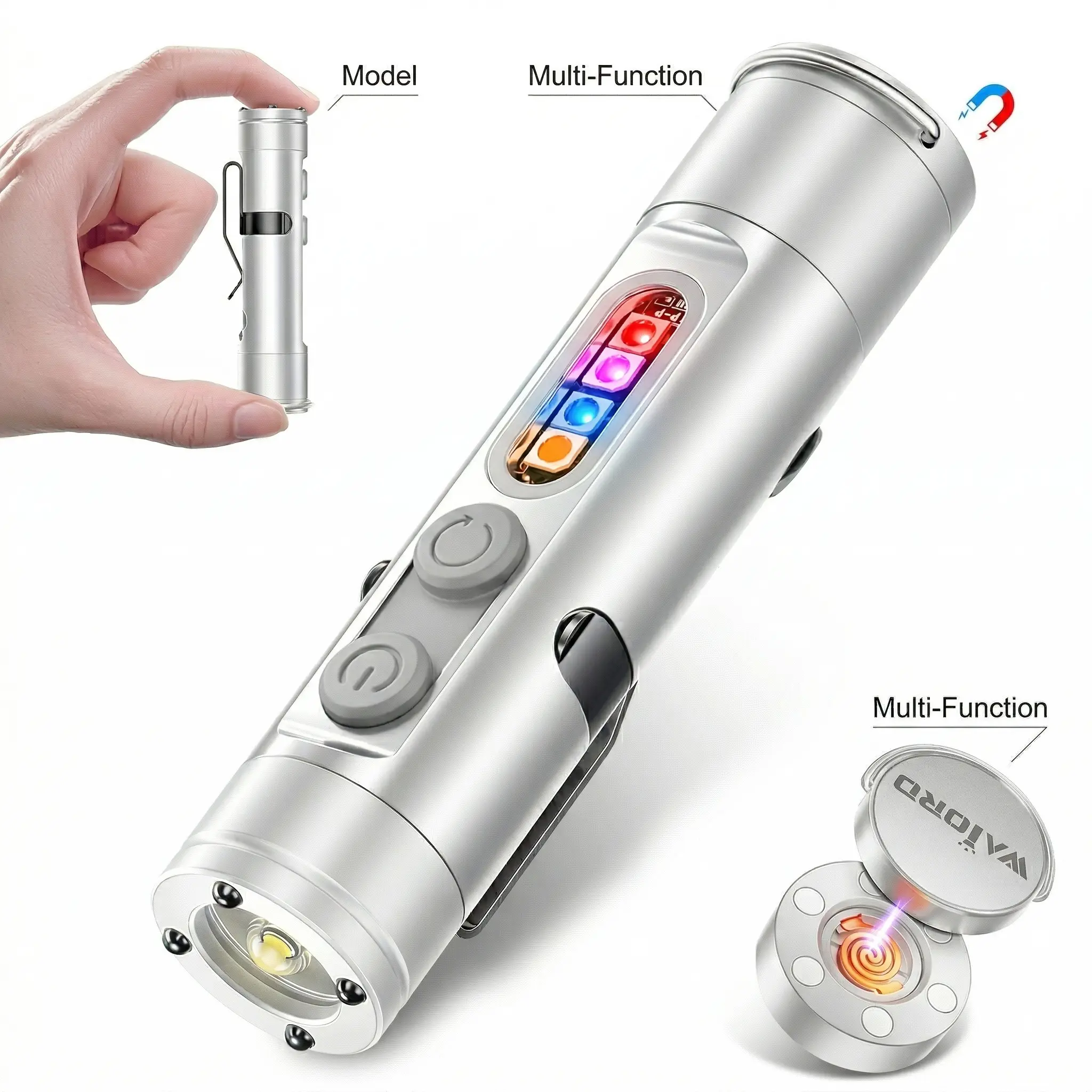 Pocket-sized rechargeable EDC multi-functional flashlight: 500 lumens mini keychain flashlight with window breaker and three-color side lights, perfect for camping and everyday carry.