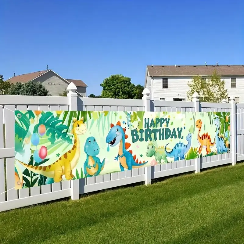 Dinosaur Jungle Themed Birthday Party Banner, Dinosaur Backdrop, Polyester Backdrop Banner, Party Background Decoration, 1 Count Lightweight Colorful Happy Birthday Banner, Birthday Party Decoration Supplies for Indoor & Outdoor, Ornaments
