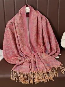 Elegant Women's Winter Scarf Fitted Fit Jacquard Paisley Pattern, Polyester Fiber Tassel Detail Shawl, Tassel Decor Shawl, Paisley Print Shawl, All Seasons Suitable for Muslim Hijab