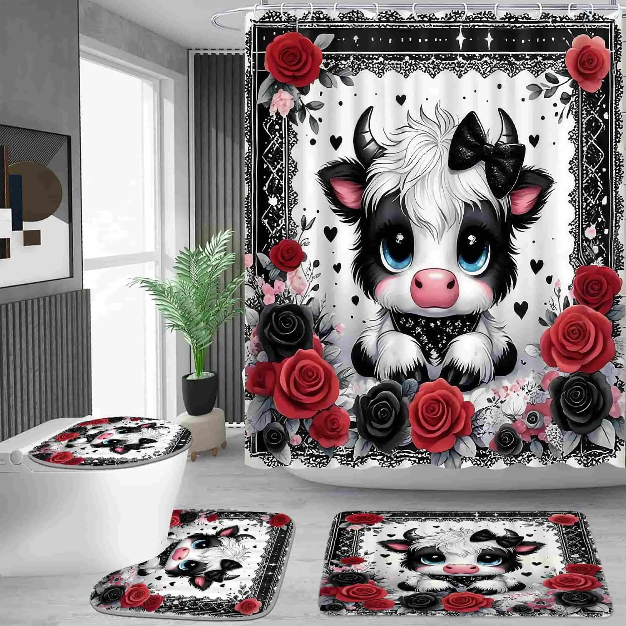 Sweet cool black and red rose cute cow pattern shower curtain set, waterproof shower curtain with 12 hooks, non-slip bathroom carpet, toilet U-shaped cushion, toilet seat cover cushion, bathroom shower curtain set, perfect moving gift.
