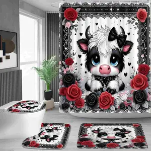 1/4 piece sweet cool black and red rose cute cow pattern shower curtain set, waterproof shower curtain with 12 hooks, non-slip bathroom carpet, toilet U-shaped cushion, toilet seat cover cushion, bathroom shower curtain set, perfect moving gift.