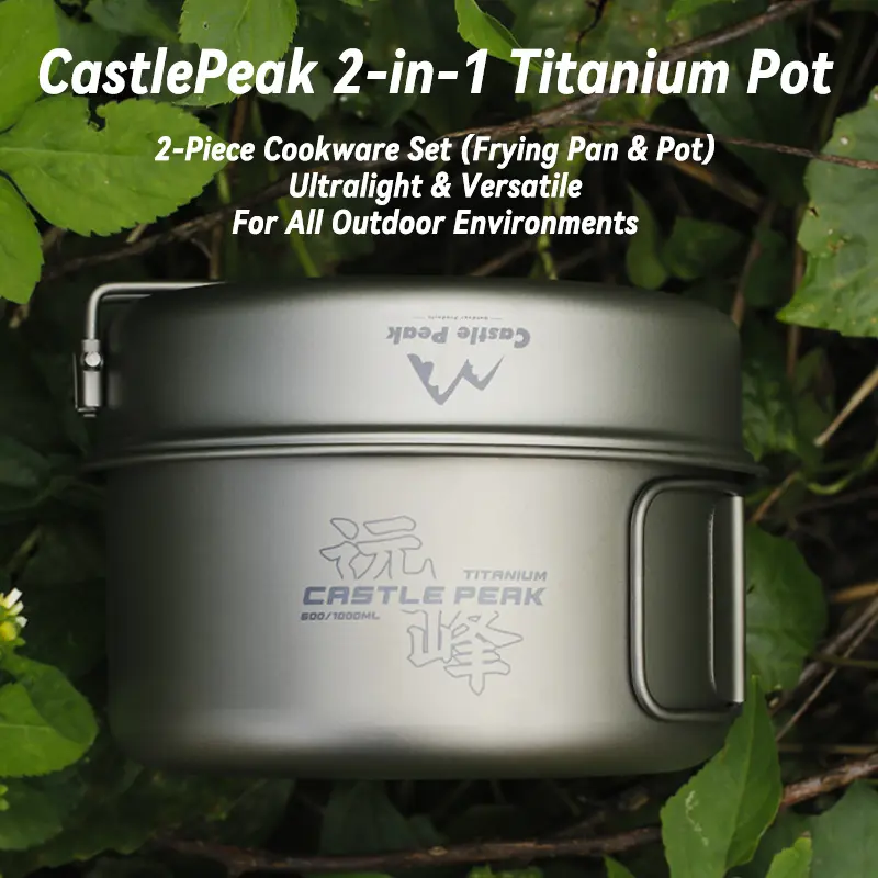 CASTLEPEAK Pure Titanium 2-in-1 Nesting Pots and Pans Set, 33.8 fl oz Pot & 20.3 fl oz Lidded Frying Pan with Foldable Handle. Medical-Grade Rivet-Free Seamless Titanium, Hypoallergenic, Ultralight Compact for Camping, Hiking, Road Trips & Outdoor Cooking