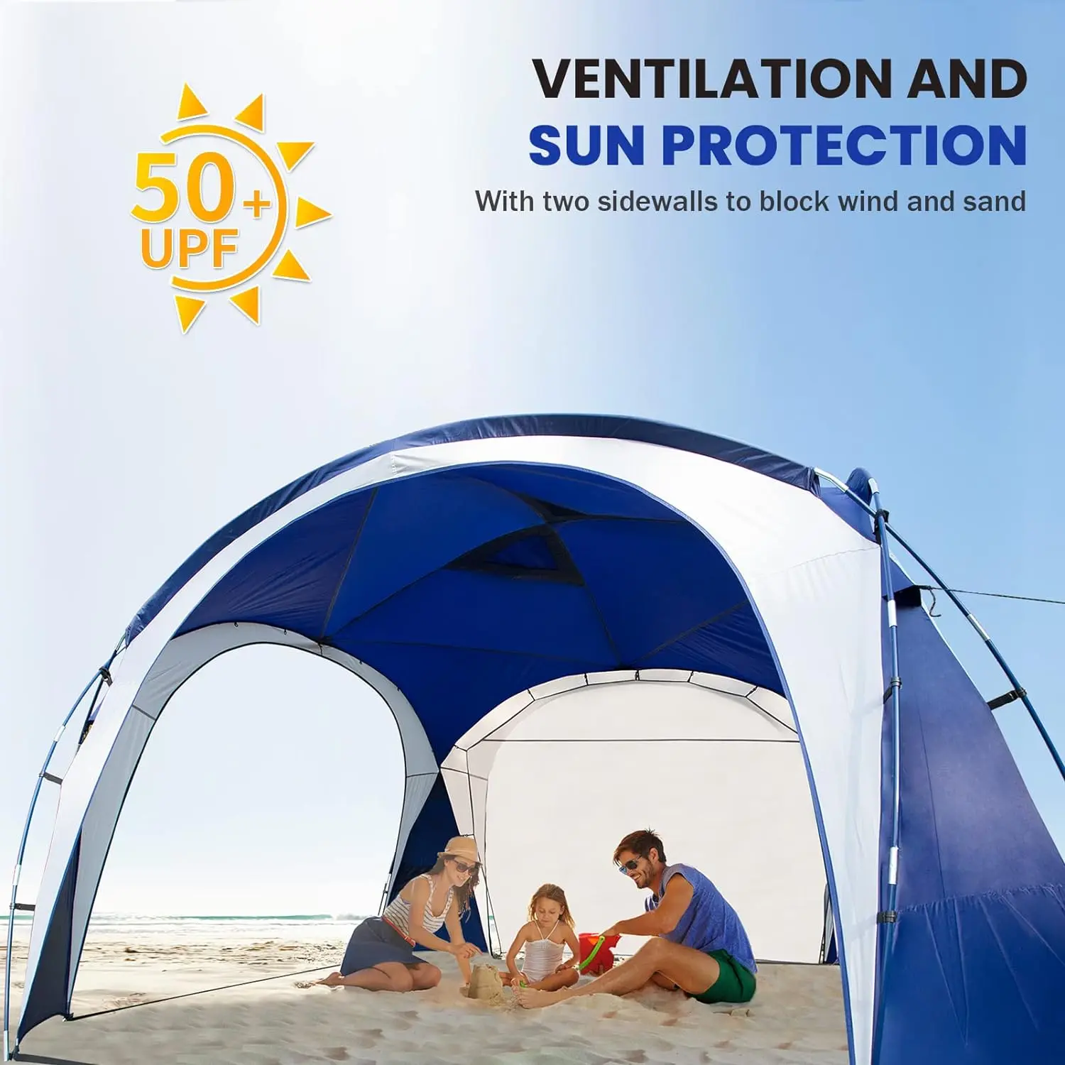 UNP Easy Beach Tent 12 X 12ft Pop Up Canopy UPF50+ Tent with Side Wall, Ground Pegs, and Stability Poles, Sun Shelter Rainproof, Waterproof for Camping Trips, Backyard Fun, Party Or Picnics(Blue) stingray tent popup camper