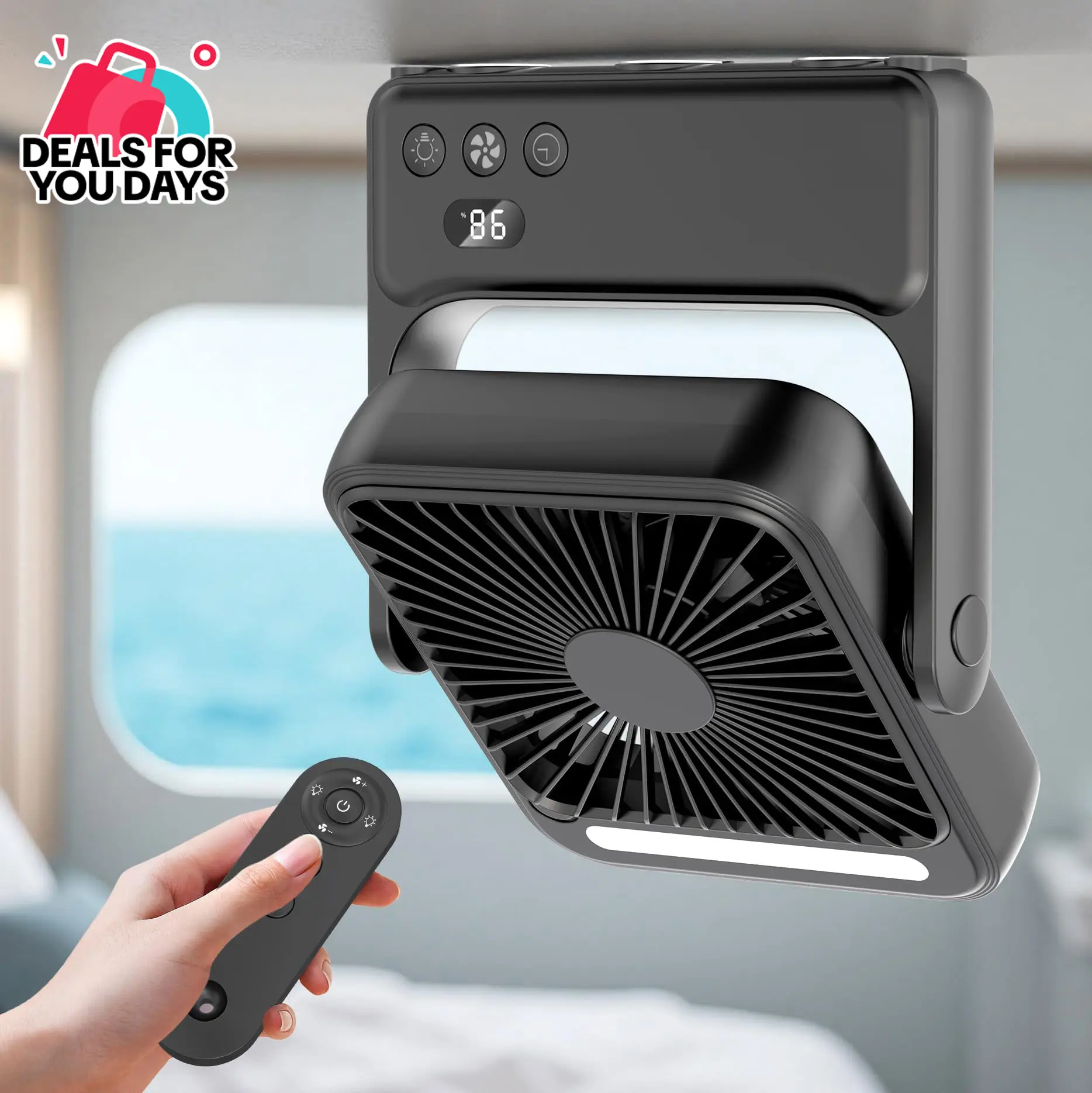 10000mAh Magnetic Ceiling Fan with Light, Rechargeable Hanging Fan with Remote Control, Up to 20H Runtime, Portable Fan for RV Camper Tent Bedroom, Timer & Battery Display