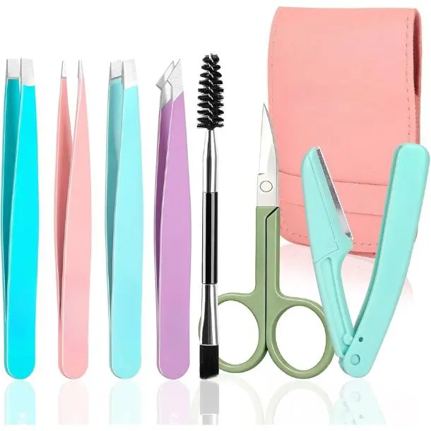 7pcs Eyebrow Tweezers Kit for Women Precision Plucker with Brow Scissors & Razor & Spoolie for Facial, Chin, Brow, Splinter and Ingrown Hair