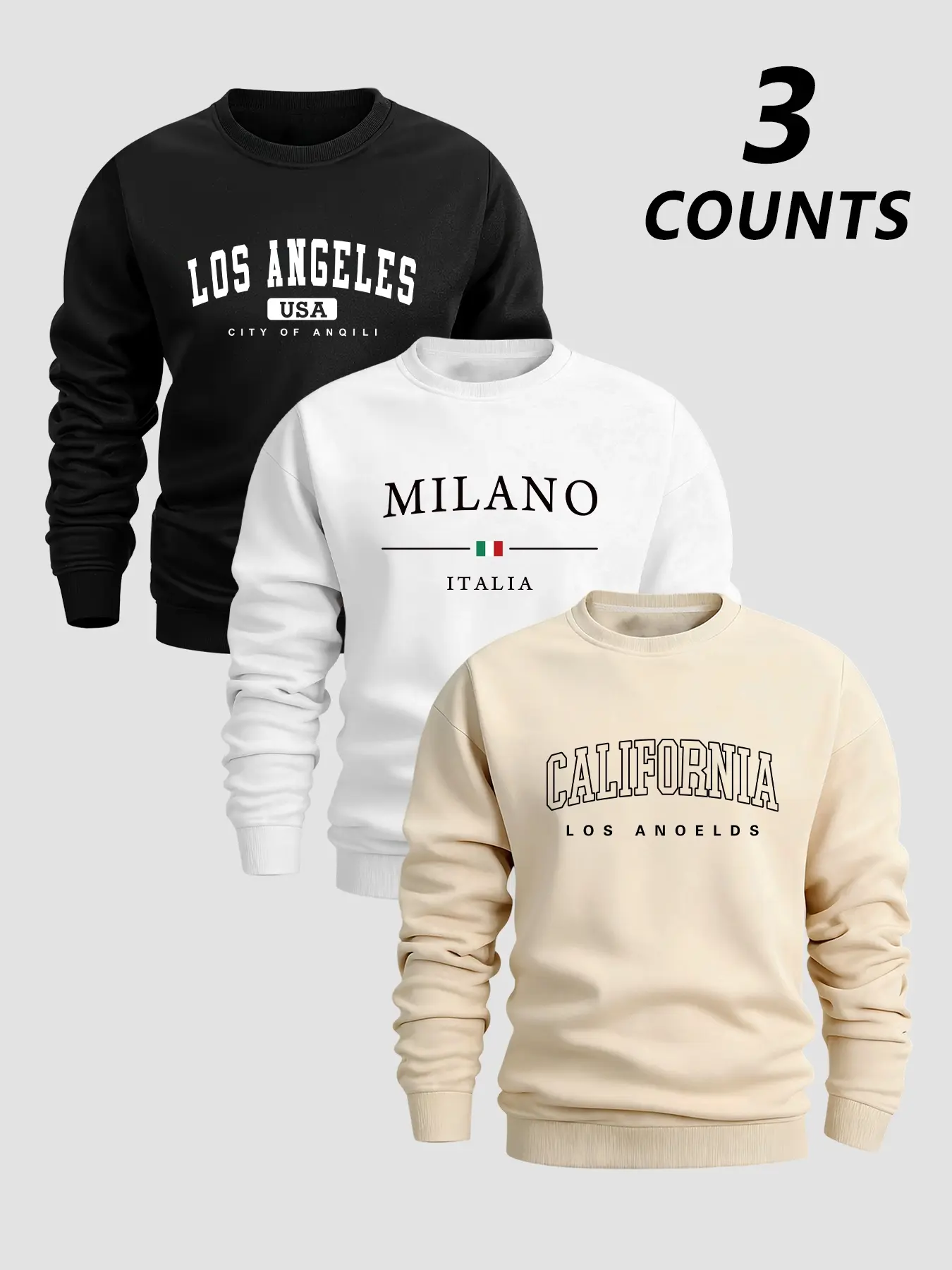 Men's Classic Letter Print Fleece Crewneck Sweatshirt, Casual Fitted Sweatshirt, Unisex Casual Round Neck Long Sleeve Top, 3 Pack, Fall & Winter Fashion, Comfortable Fit