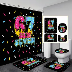 1/4pcs Six Seven Shower Curtain set, Graffiti Art Bathroom Decor, Bathroom Decoration Accessories, Accessories with Bath Mat, U-shaped Mat, Toilet Lid Cover, 12 Hooks 180x180cm Curtain, Urban Style, Home Decor, Urban Theme, bathroom accessories.