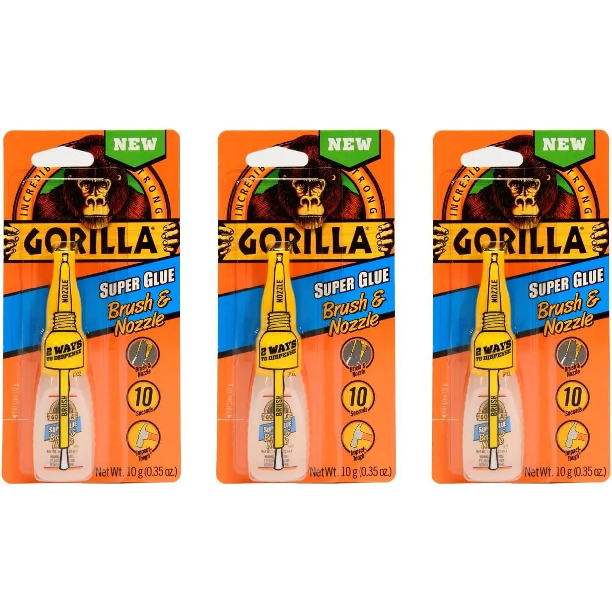 Gorilla Super Glue - 10g Clear Adhesive with Brush & Nozzle Applicator (Pack of 3)