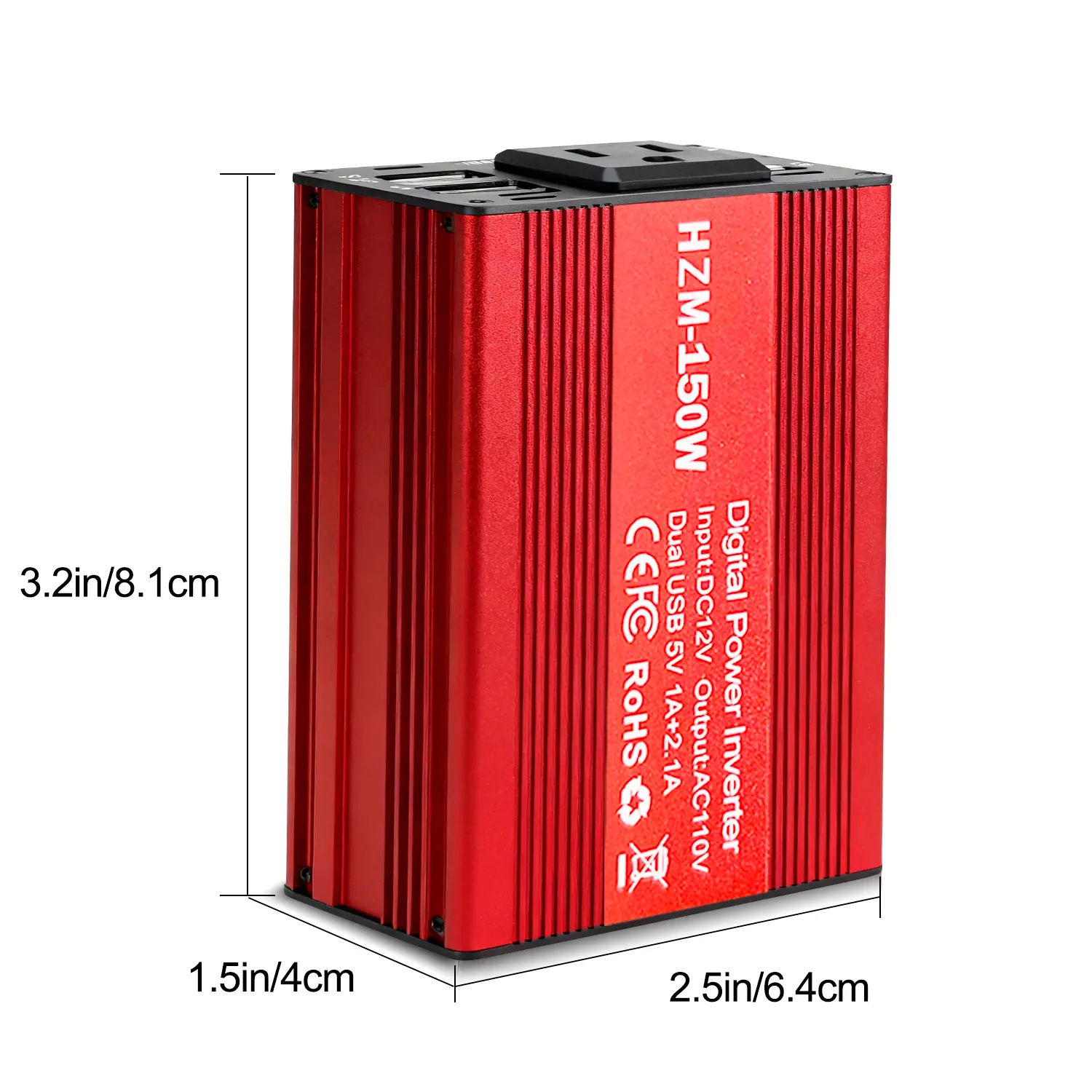 Artblepro 150W Metal Car Power Inverter - 12V DC to 110V AC Portable Vehicle Adapter Plug Outlet, 3.1A Dual USB Ports, Lightweight Car Charger for Laptop, Computer Accessories (Road Trips, Work, Classic Red)