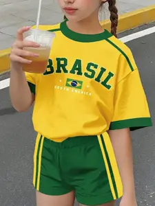 Teen Girls Casual Fitted Suit, Bright Retro Brazil Letter Print, Short Sleeve T-Shirt & Shorts Set, All Seasons, Summer Clothing Set