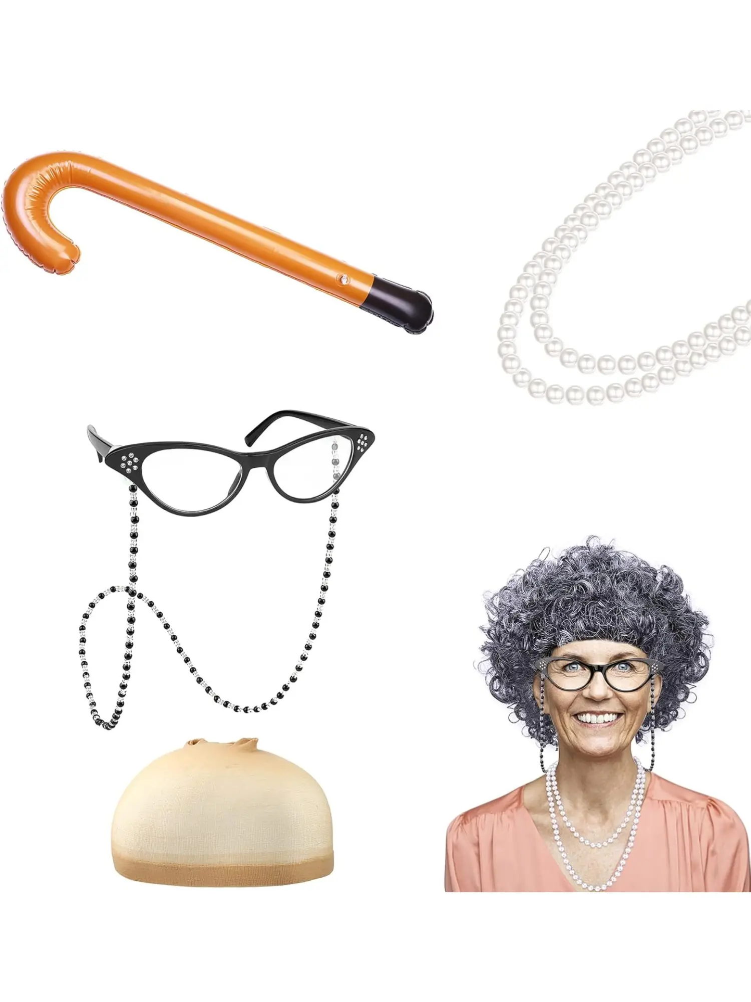Fashionable 6 Pcs Colorful Unique Granny Cosplay Set Stylish Old Lady Costume Wig Cap Cane Glasses Necklace Jewelry Set Halloween Christmas Stage Cosplay