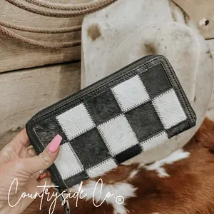 Countryside Co. Stockyard Checkered Cowhide Wallet for Women with Detachable Wristlet, 12 Credit Card Slots, Organizer Long Wallet with Zipper