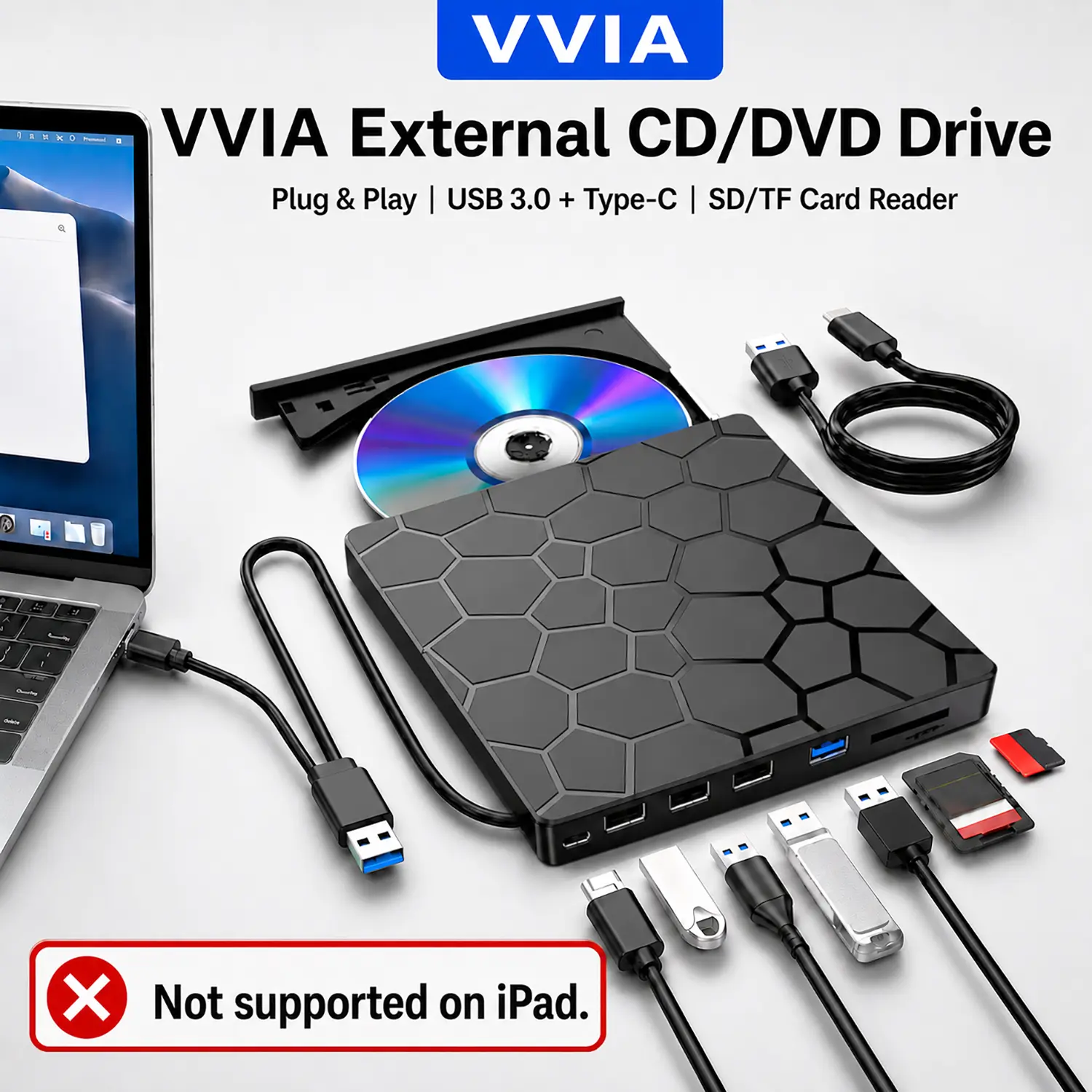 8-in-1 External CD/DVD Drive for Laptops: Portable USB 3.0 & Type-C DVD Player and CD Burner. Ultra-slim optical drive (read/write) for PCs, MacBooks, and desktops; compatible with Windows 11/10/8/7, Linux, and macOS. An office essential. Gaming Pad Gamin