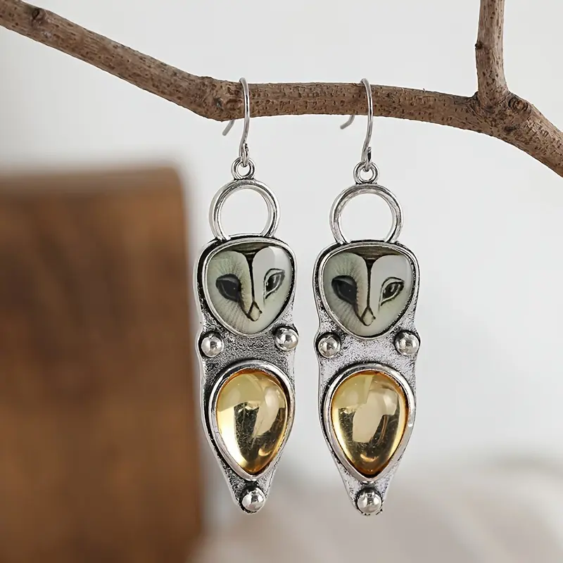 Owl Dangle Earrings for Women, Bohemian Retro Pendant Jewelry with Colorful Synthetic Gemstone Inlay, Earring, Bird Motif Earrings