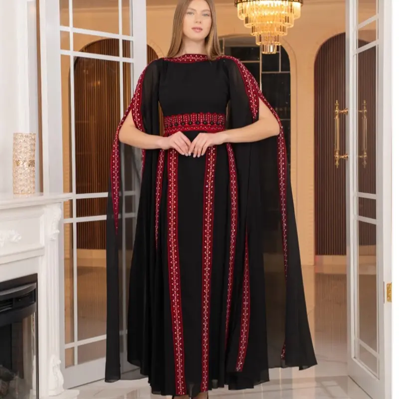 Women's Tatreez Thobe Dress - Elegant Islamic Modest Bridal Gown for Special Day, Evening, All Seasons, Tailored Fit, Includes a Shawl, Back Zipper