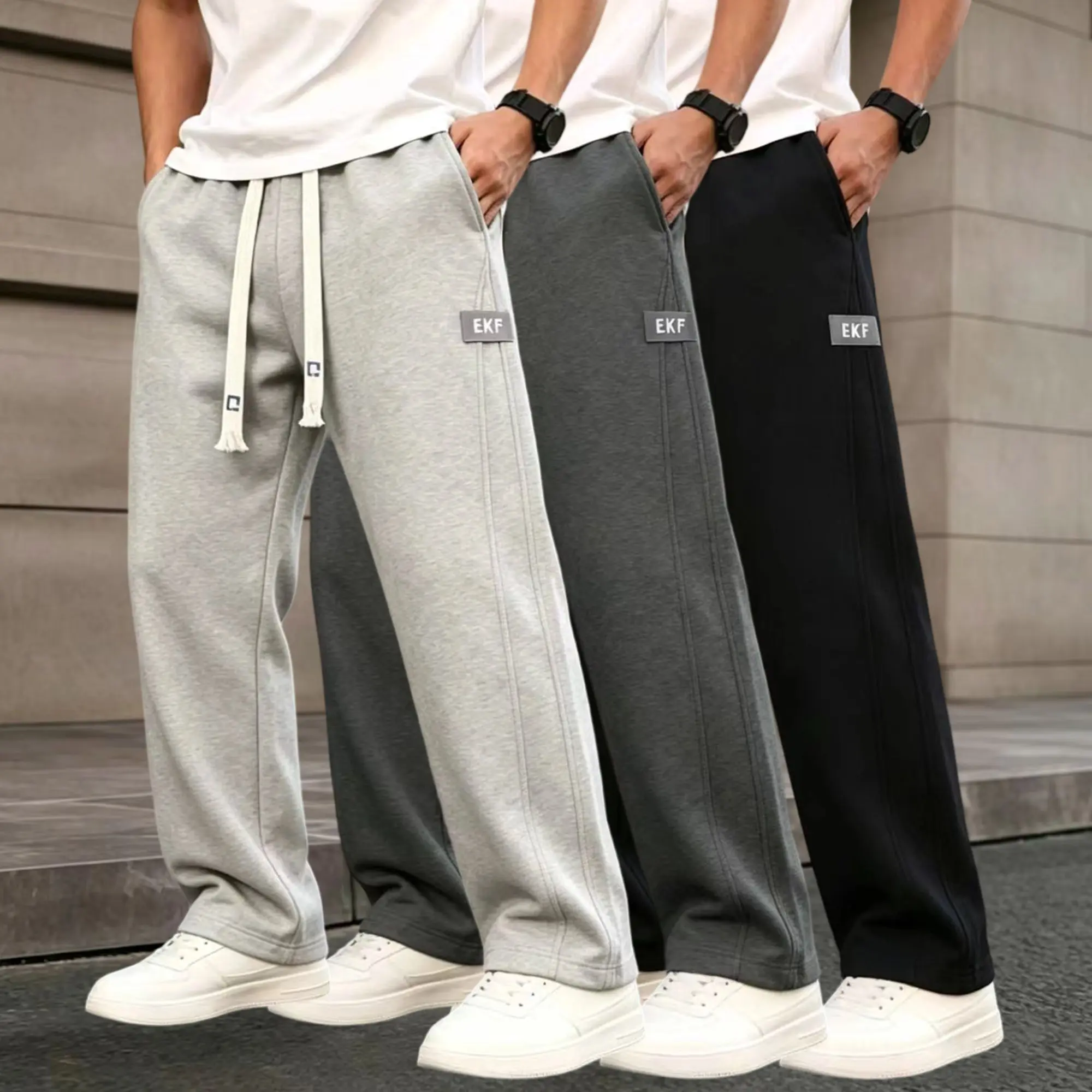 EKF Men’s Cotton Wide-Leg Athleisure Sweatpants - Solid Color Baggy Drawstring Sweats, Soft Comfy Gym Clothes Bottoms for Casual Sporty Wear with Flawless Fit & Silhouette Elevation