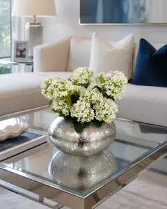 SNOWBALL HYDRANGEAS IN METAL SILVER VASE