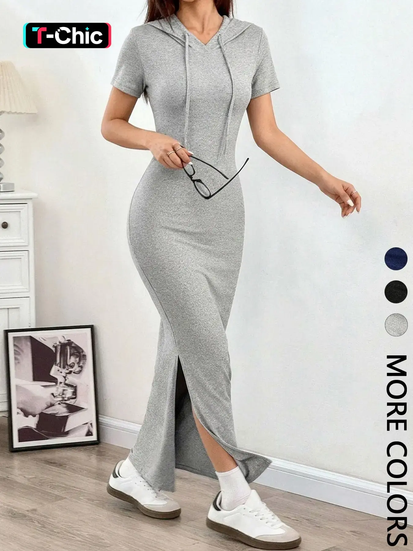 Women's Hooded Short Sleeve Dress, Womenswear, Casual Street Style, High Stretch Side Slit Design, Breathable Skin-Friendly Fabric, Perfect for Daily，Valentine
