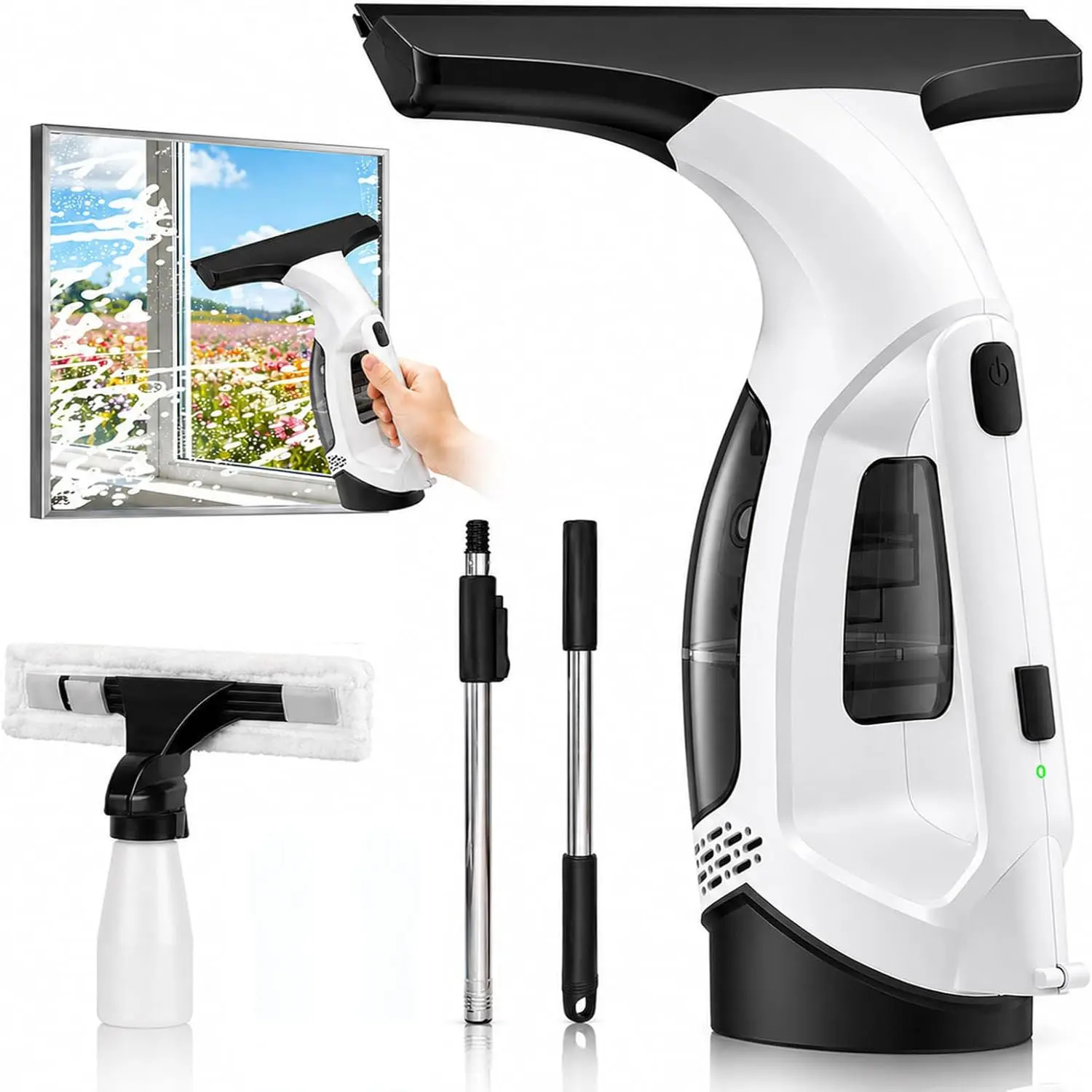 Window Vacuum Squeegee Cordless, Window Vacuum Cleaner with 2000Pa Streak-Free Suction, 30–40" Extension Pole, 11-Inch Cleaner Tool for High Windows, Shower Glass, Tiles & Mirrors