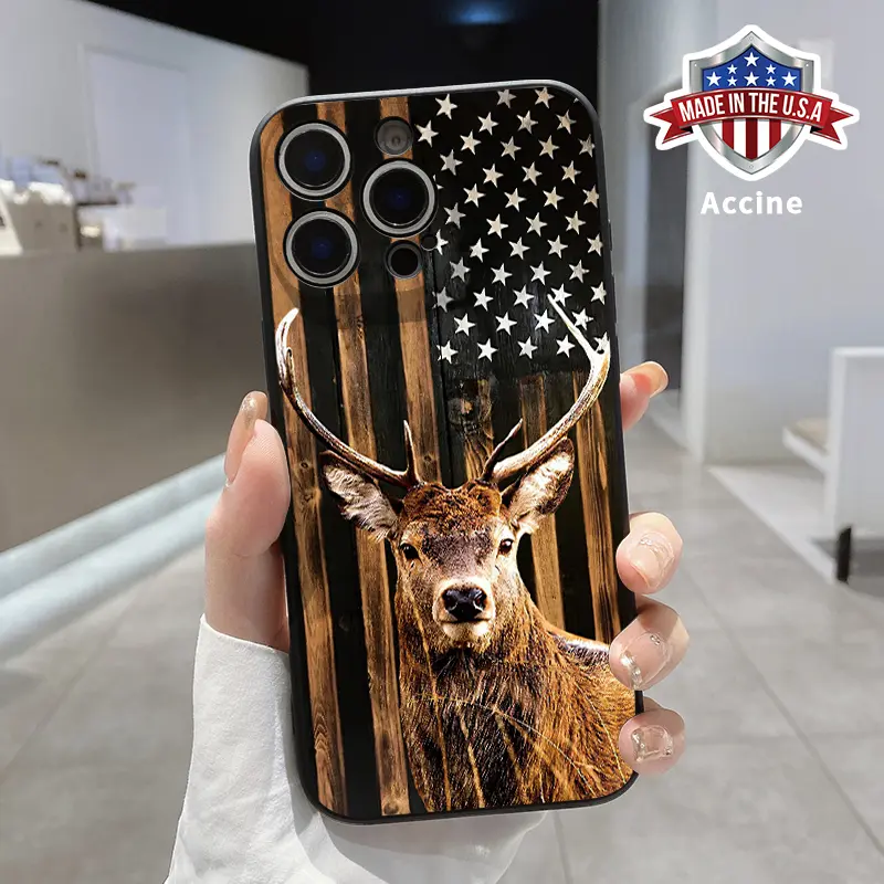 Straight Edge Phone Case for iPhone 15 Plus 16 Pro Max 14 13 12 11 XS XR E American Deer Flag Pattern Drop Protection Shockproof Soft Silicone smartphone Cover