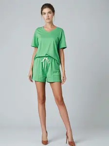 Mint Green V Neck Drop Shoulder Tee And Patchwork Drawstring Elastic Waist Shorts Two Piece Set, Casual Matching Outfit For Women, Soft Comfortable Relaxed Fit Wear For Daily Street Lounging And Weekend Occasions SummerVibes