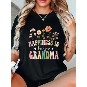 Happiness is Being a Grandma T-Shirt, Floral Grandma Mother's Day Graphic Tee, Unisex Short Sleeve Maternal Novelty Apparel for Women and Men, Casual Family Heritage Fashion Top, Botanical Gift Shirt